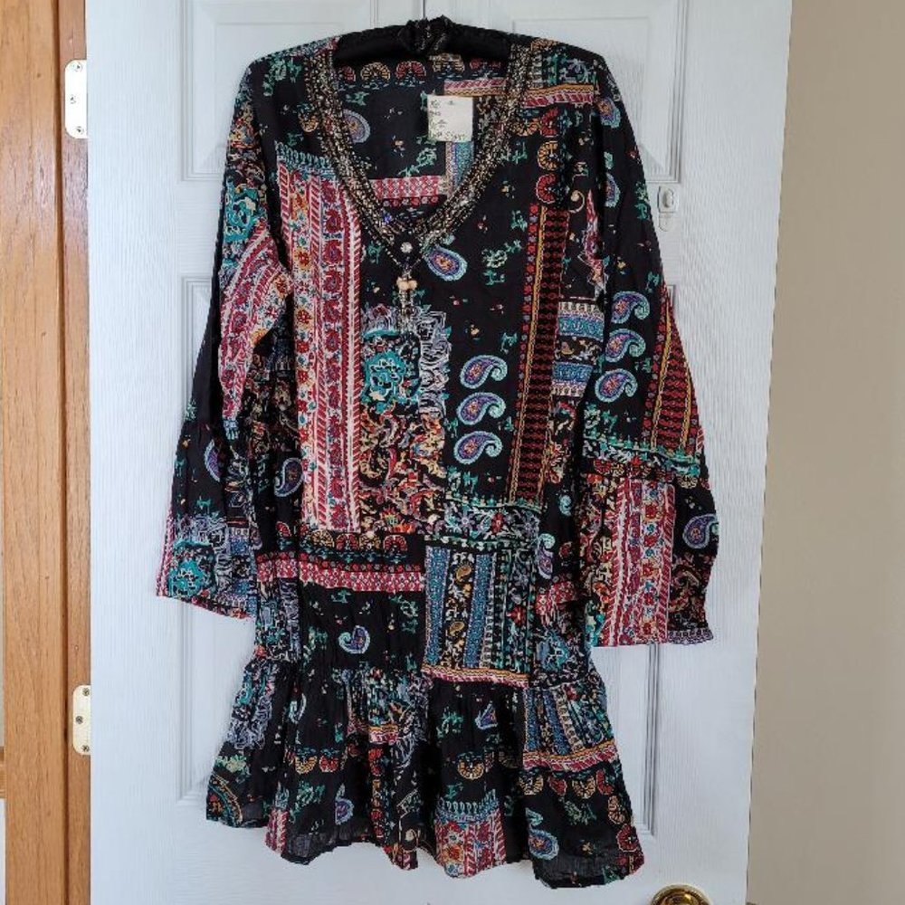 Vintage 90s Black BOHO Print Dress/top by Siya with Bottom Ruffle M-L